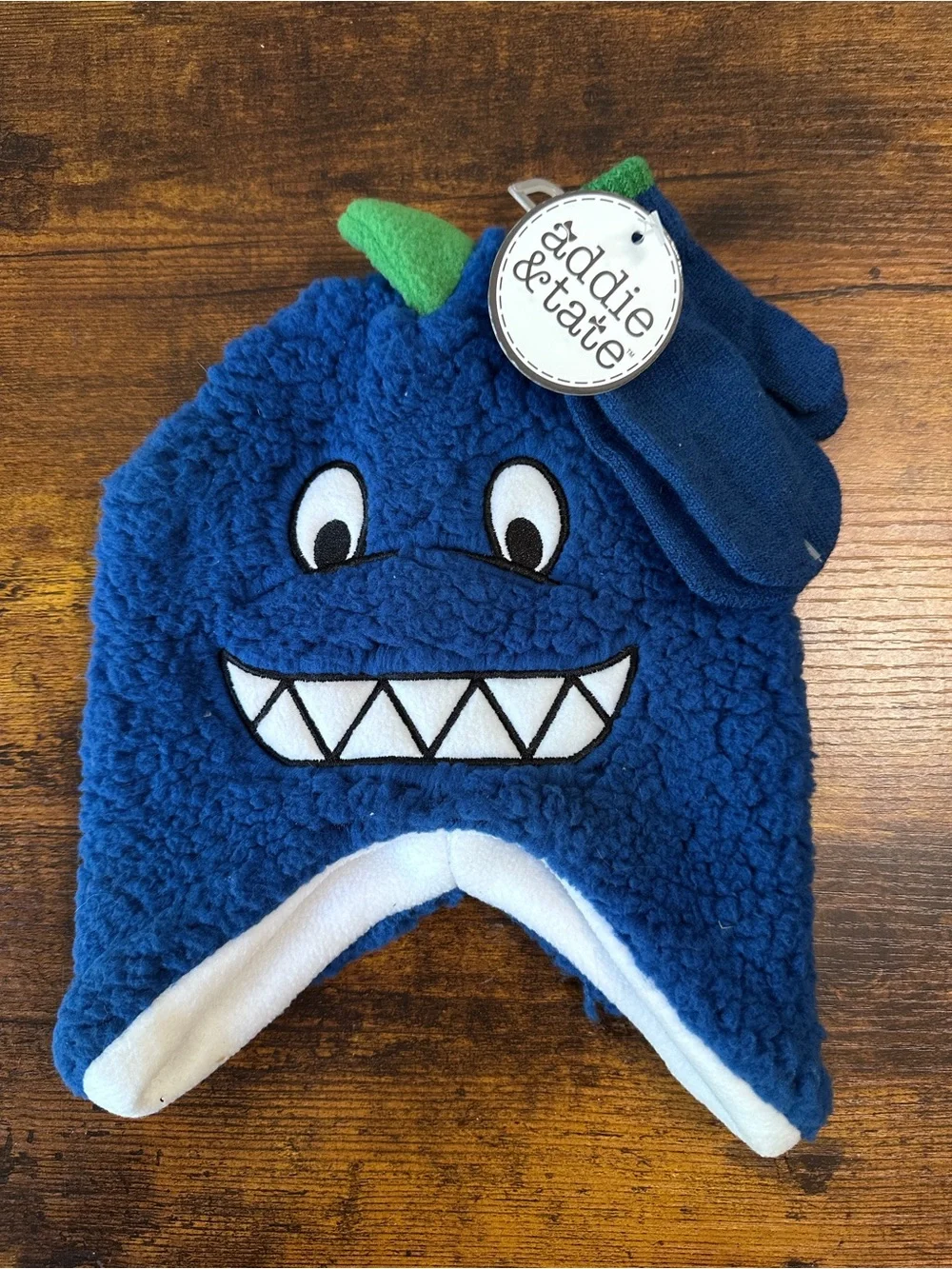 Addie & Tate Blue Monster Sherpa Winter Hat Mittens Set Baby Toddler Beanie NWT
